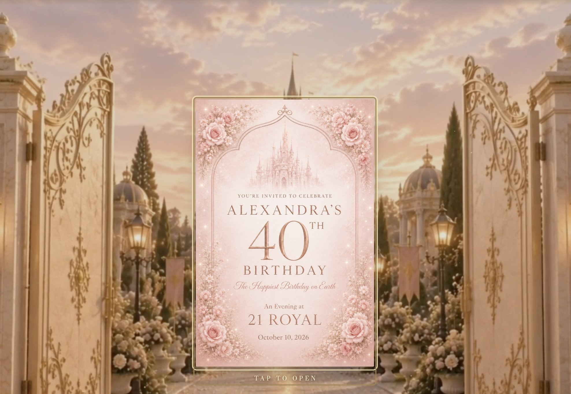 Alexandra's 40th — a CROWNE digital invitation, opening on the gates to the venue
